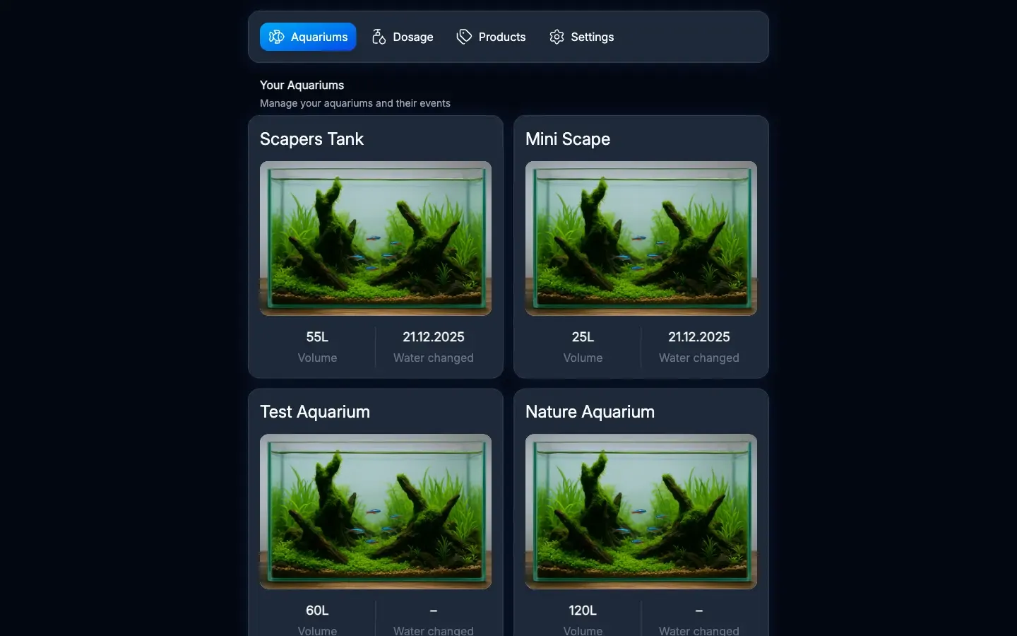 Liquidos Dashboard mit Aquarium-Übersicht und Wasserwerten