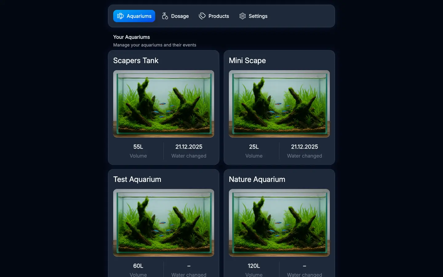 Liquidos Dashboard with aquarium overview and water values